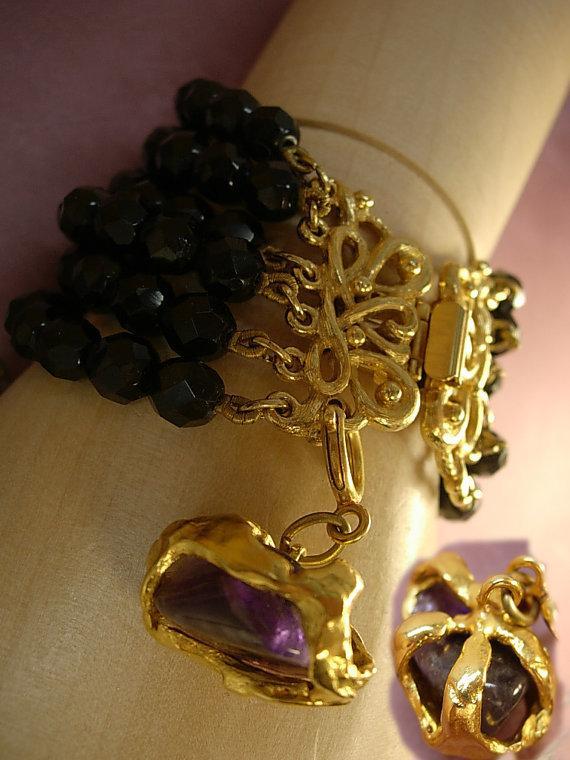 Vintage black glass bracelet 6 row bracelet amethyst charm fob bracelet costume jewelry