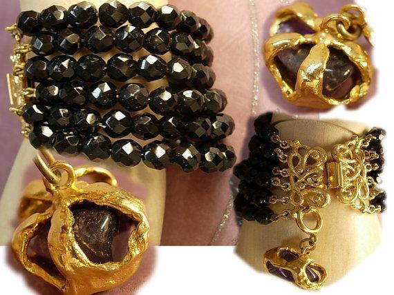 Vintage black glass bracelet 6 row bracelet amethyst charm fob bracelet costume jewelry