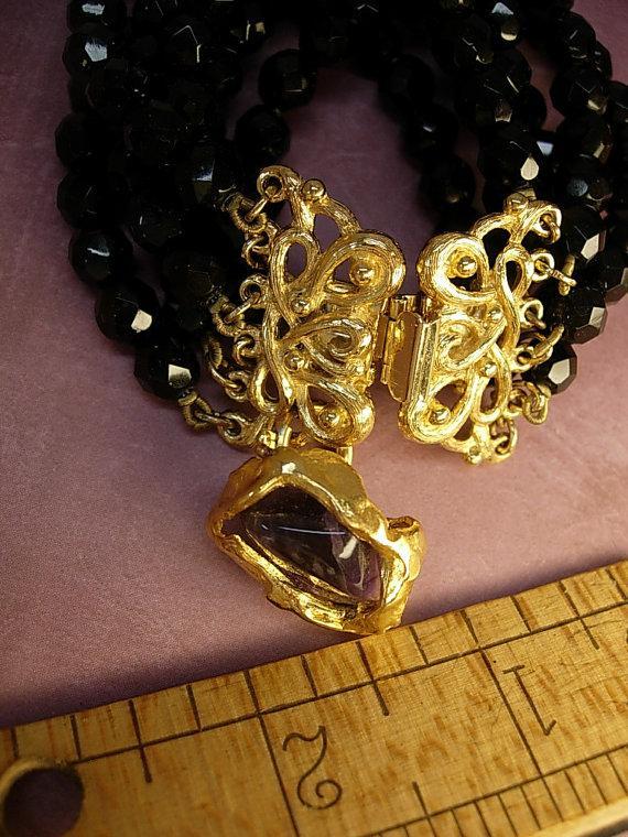 Vintage black glass bracelet 6 row bracelet amethyst charm fob bracelet costume jewelry