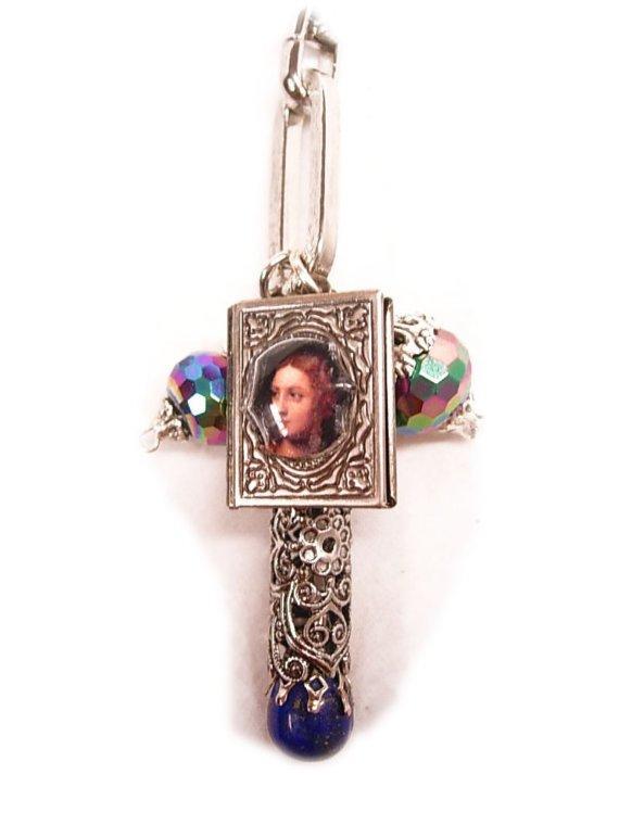 VIntage medieval portrait Book Locket charm fob necklace Lapis fob
