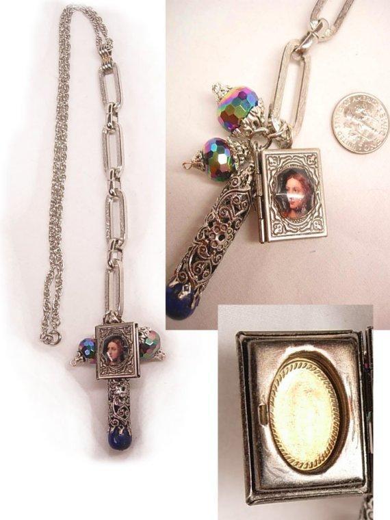 VIntage medieval portrait Book Locket charm fob necklace Lapis fob