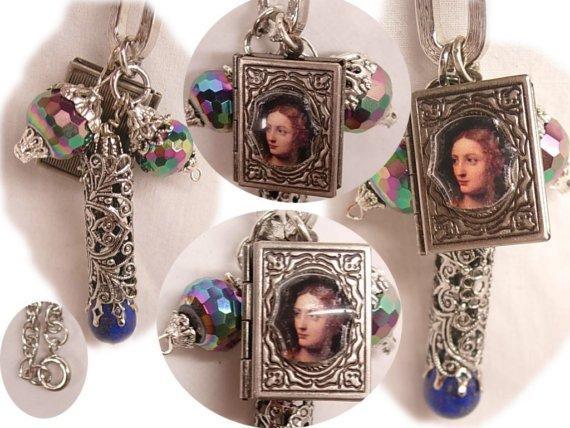 VIntage medieval portrait Book Locket charm fob necklace Lapis fob