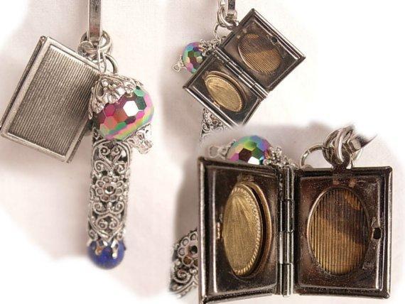 VIntage medieval portrait Book Locket charm fob necklace Lapis fob