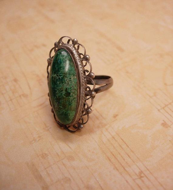 Vintage Art Deco talisman Malachite Signed Ring sterling Mexico filigree setting