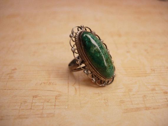 Vintage Art Deco talisman Malachite Signed Ring sterling Mexico filigree setting