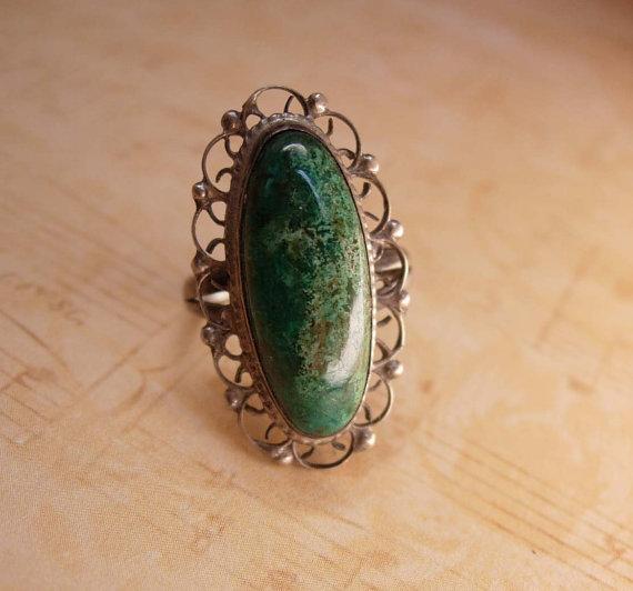 Vintage Art Deco talisman Malachite Signed Ring sterling Mexico filigree setting