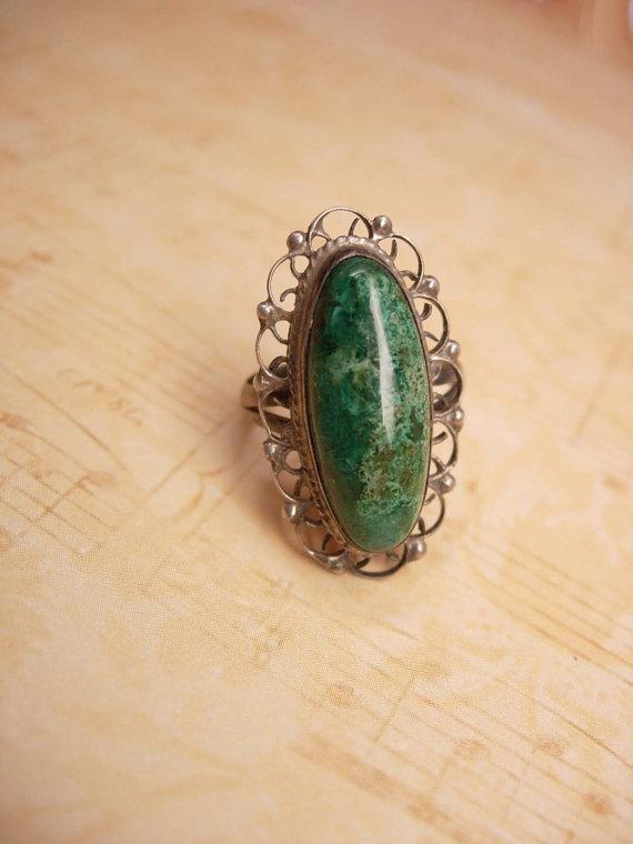 Vintage Art Deco talisman Malachite Signed Ring sterling Mexico filigree setting
