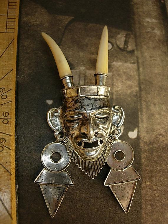 Vintage sterling devil brooch long horns silver devil horned brooch Voodoo teeth