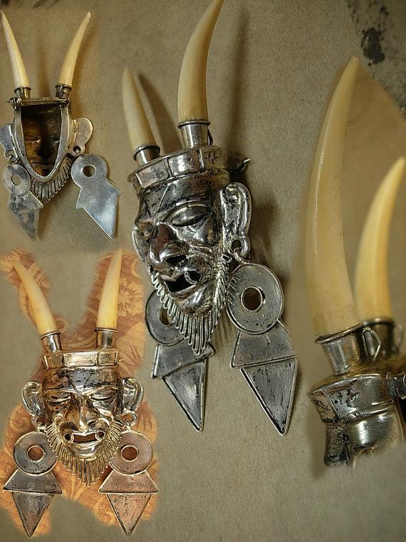 Vintage sterling devil brooch long horns silver devil horned brooch Voodoo teeth