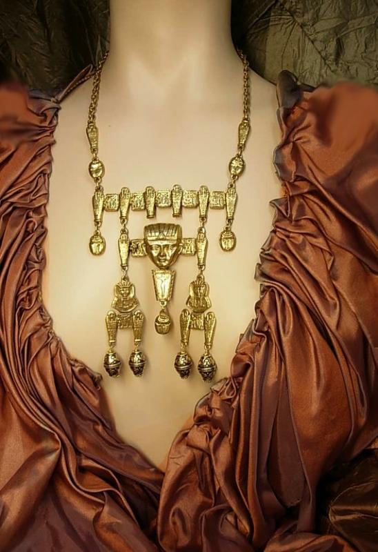 HUGE Egyptian Pharaoh Necklace with mummies scarabs and more Signed