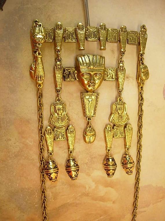 HUGE Egyptian Pharaoh Necklace with mummies scarabs and more Signed