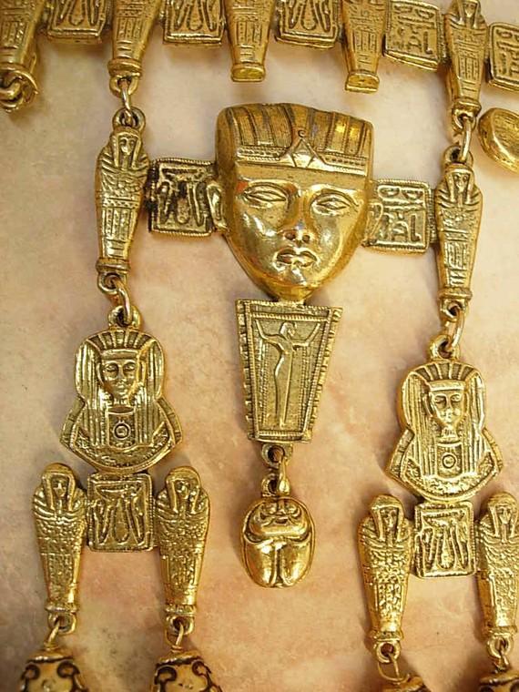 HUGE Egyptian Pharaoh Necklace with mummies scarabs and more Signed