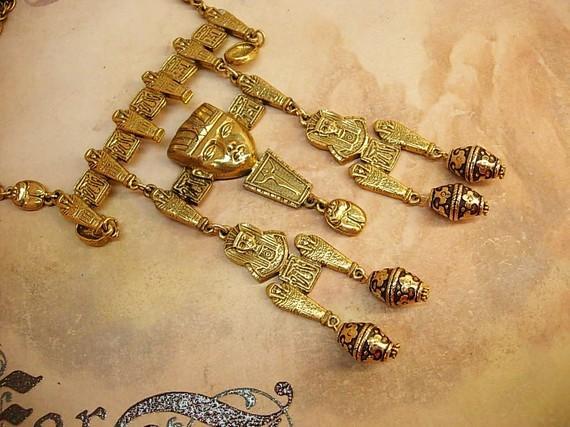 HUGE Egyptian Pharaoh Necklace with mummies scarabs and more Signed