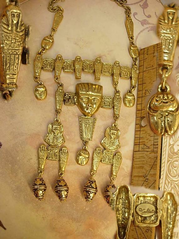 HUGE Egyptian Pharaoh Necklace with mummies scarabs and more Signed