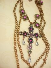 Gothic Medieval Cross statement necklace chandelier rhinestone teardrops and glass Bohemian