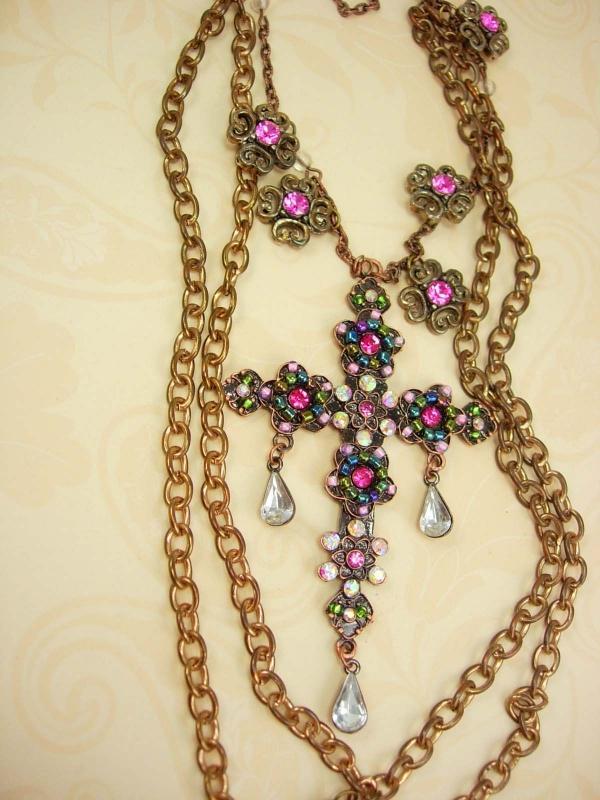 Gothic Medieval Cross statement necklace chandelier rhinestone teardrops and glass Bohemian