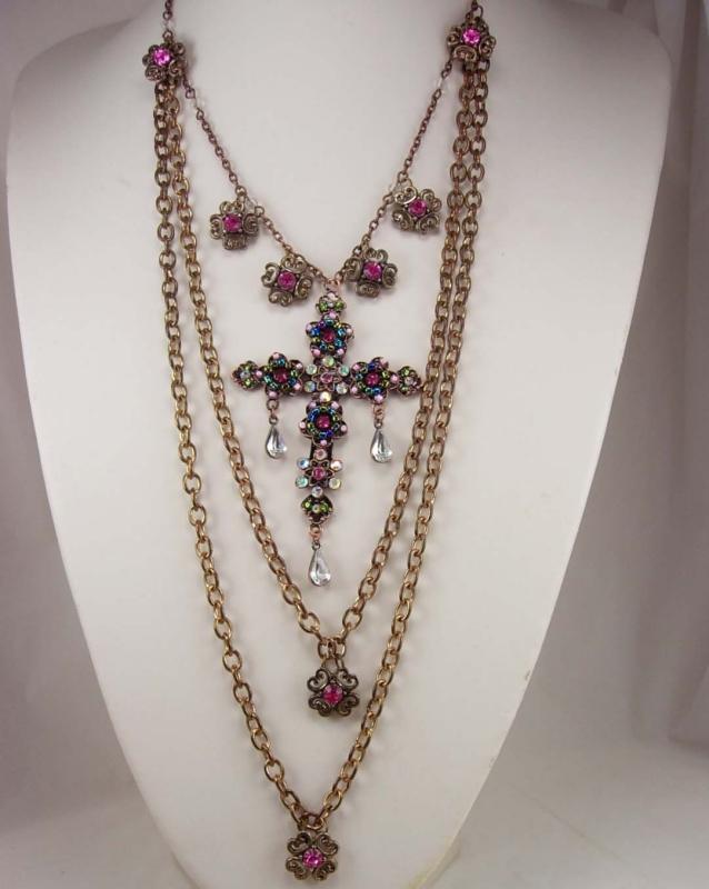 Gothic Medieval Cross statement necklace chandelier rhinestone teardrops and glass Bohemian