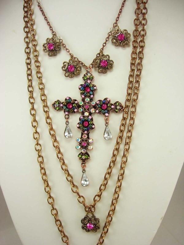 Gothic Medieval Cross statement necklace chandelier rhinestone teardrops and glass Bohemian