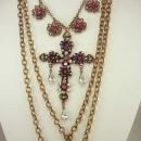 Gothic Medieval Cross statement necklace chandelier rhinestone teardrops and glass Bohemian