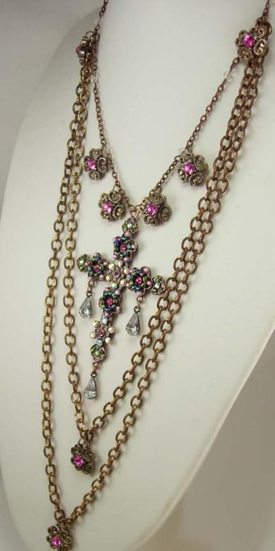 Gothic Medieval Cross statement necklace chandelier rhinestone teardrops and glass Bohemian