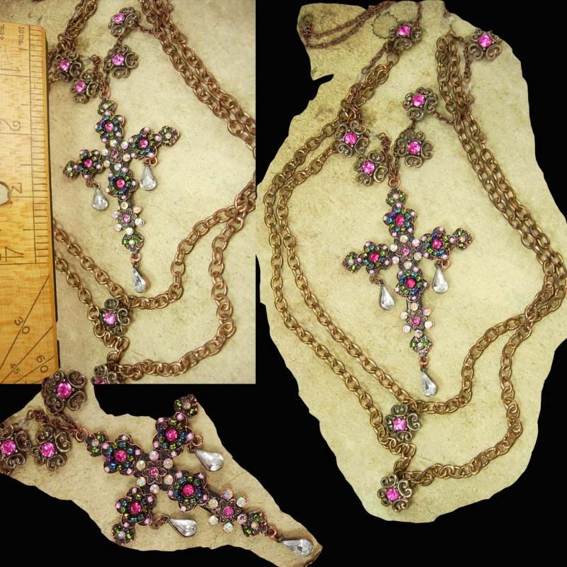 Gothic Medieval Cross statement necklace chandelier rhinestone teardrops and glass Bohemian