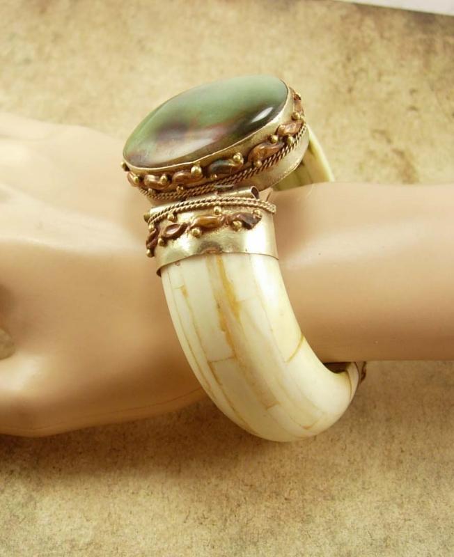 Vintage HUGE Gypsy Bracelet Bohemian chic carved with agate