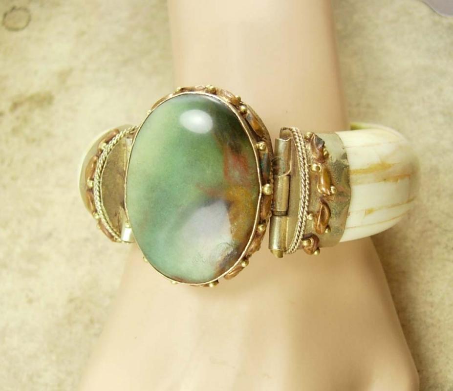 Vintage HUGE Gypsy Bracelet Bohemian chic carved with agate