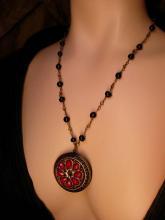 Gothic RED rhinestone locket Medieval Cross with rosary beads