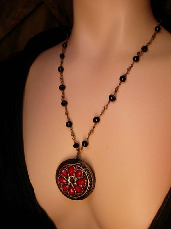Gothic RED rhinestone locket Medieval Cross with rosary beads