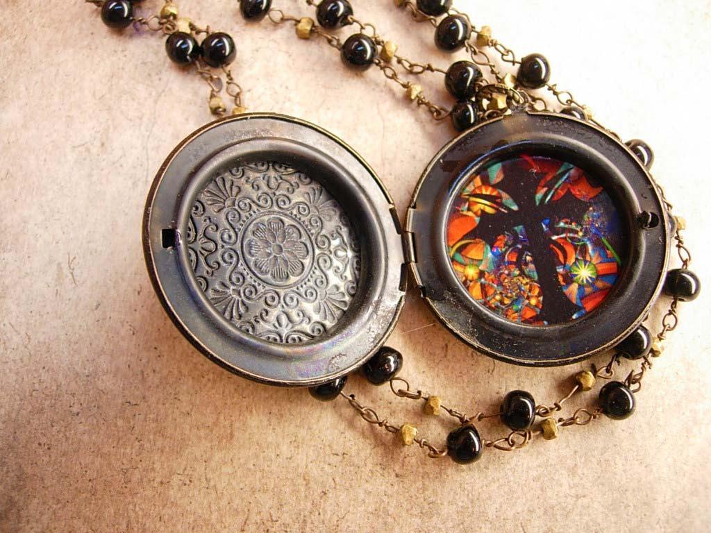 Gothic RED rhinestone locket Medieval Cross with rosary beads