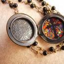 Gothic RED rhinestone locket Medieval Cross with rosary beads