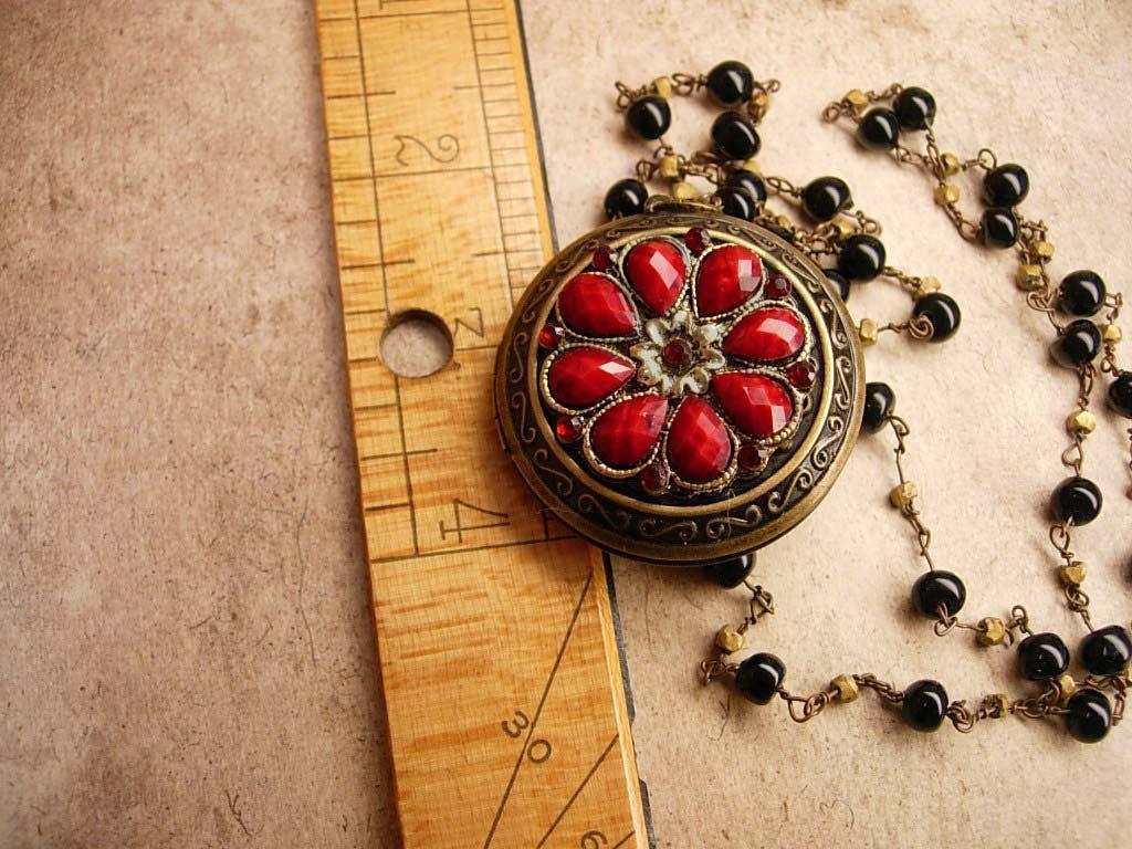 Gothic RED rhinestone locket Medieval Cross with rosary beads
