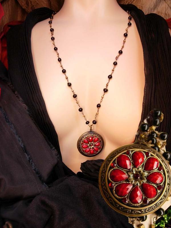 Gothic RED rhinestone locket Medieval Cross with rosary beads