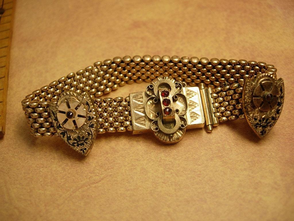 ANtique Victorian 10kt rose gold garnet slide bracelet and screw on garnet Earrings