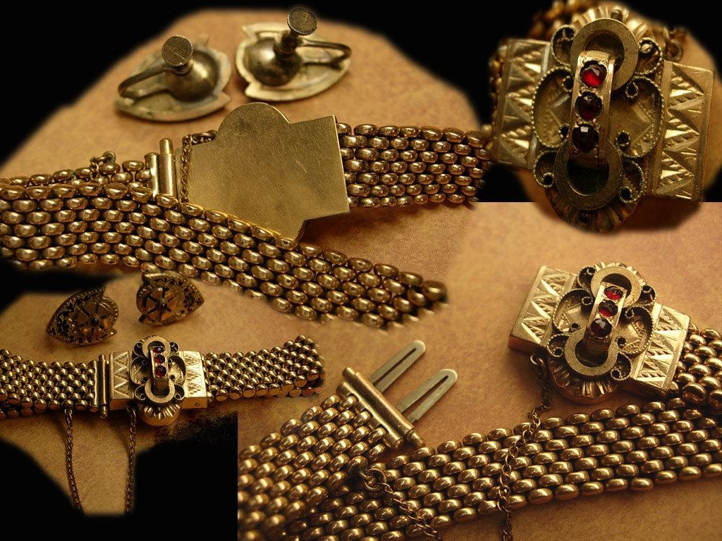 ANtique Victorian 10kt rose gold garnet slide bracelet and screw on garnet Earrings