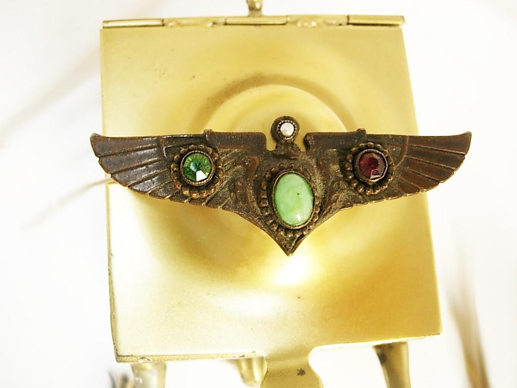 Vintage Deco Winged Brooch jeweled Egyptian revival Grand tour with VULTURES Sun disks
