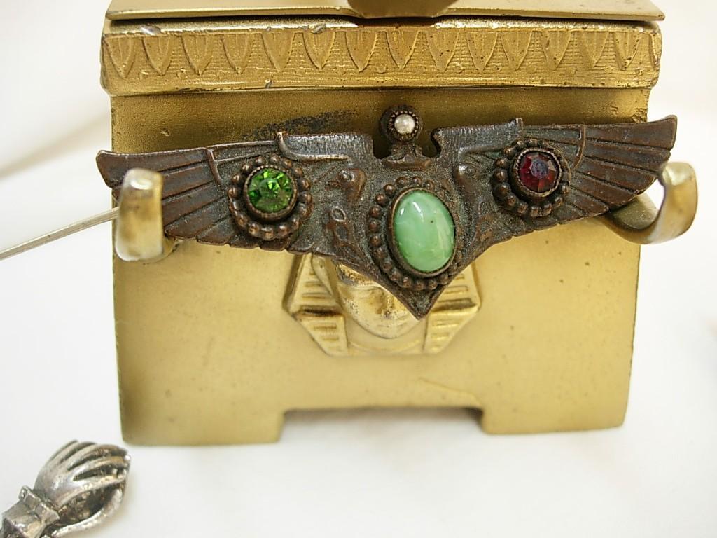 Vintage Deco Winged Brooch jeweled Egyptian revival Grand tour with VULTURES Sun disks