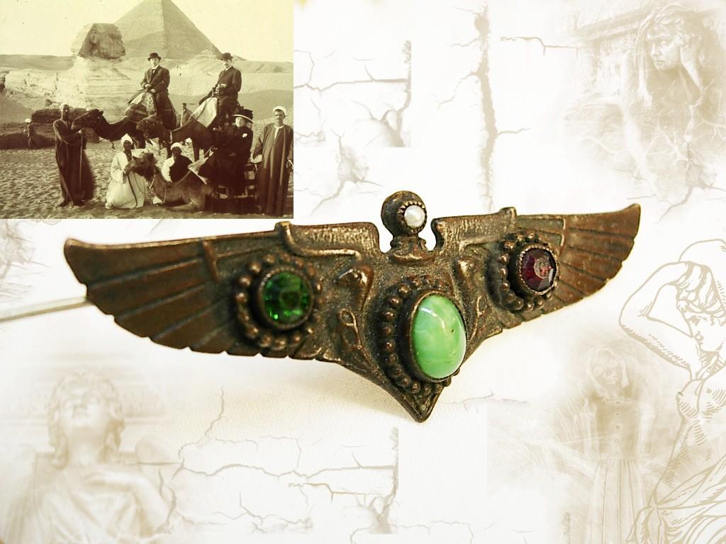 Vintage Deco Winged Brooch jeweled Egyptian revival Grand tour with VULTURES Sun disks