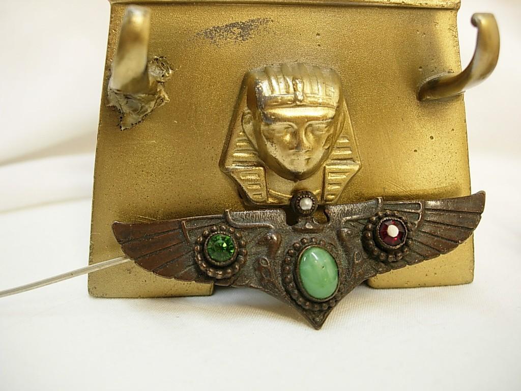 Vintage Deco Winged Brooch jeweled Egyptian revival Grand tour with VULTURES Sun disks