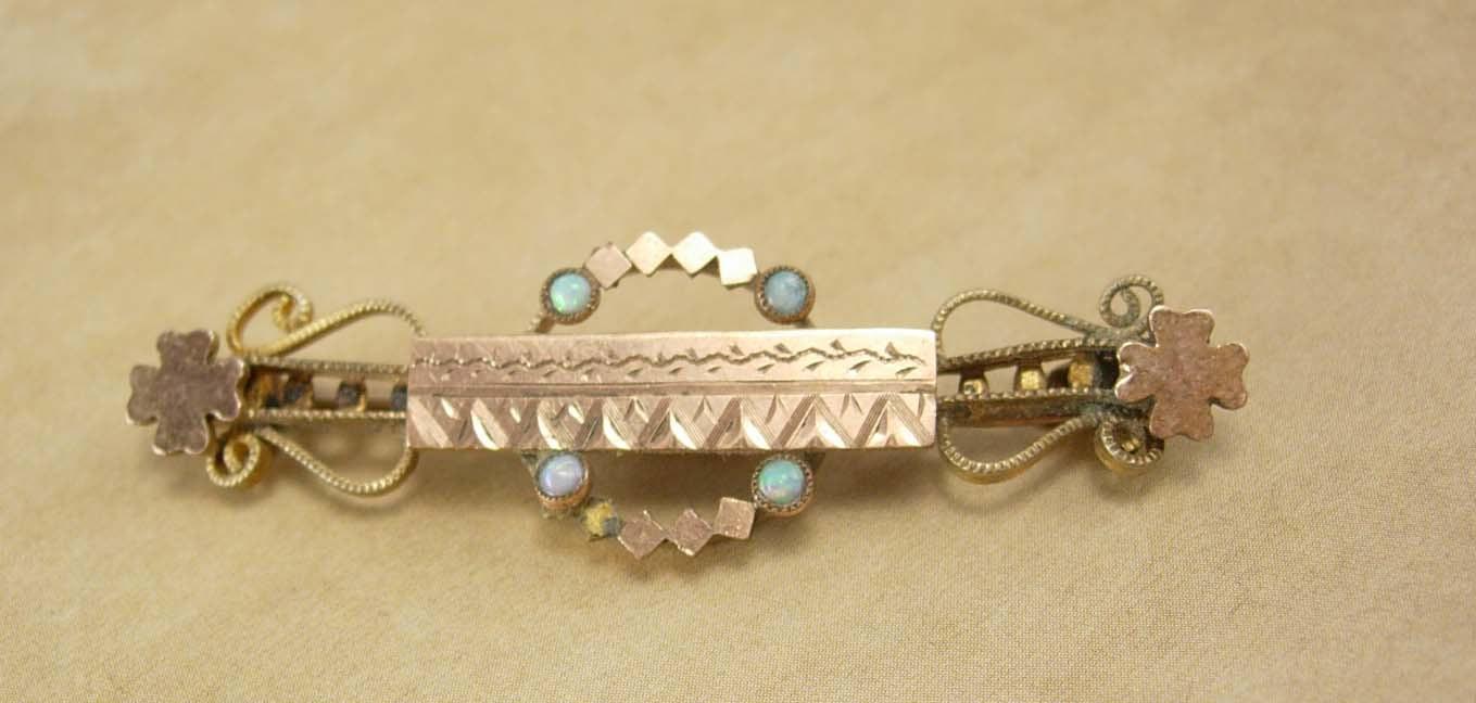 Antique Victorian Opal rose gold filled brooch Four leaf clovers for luck