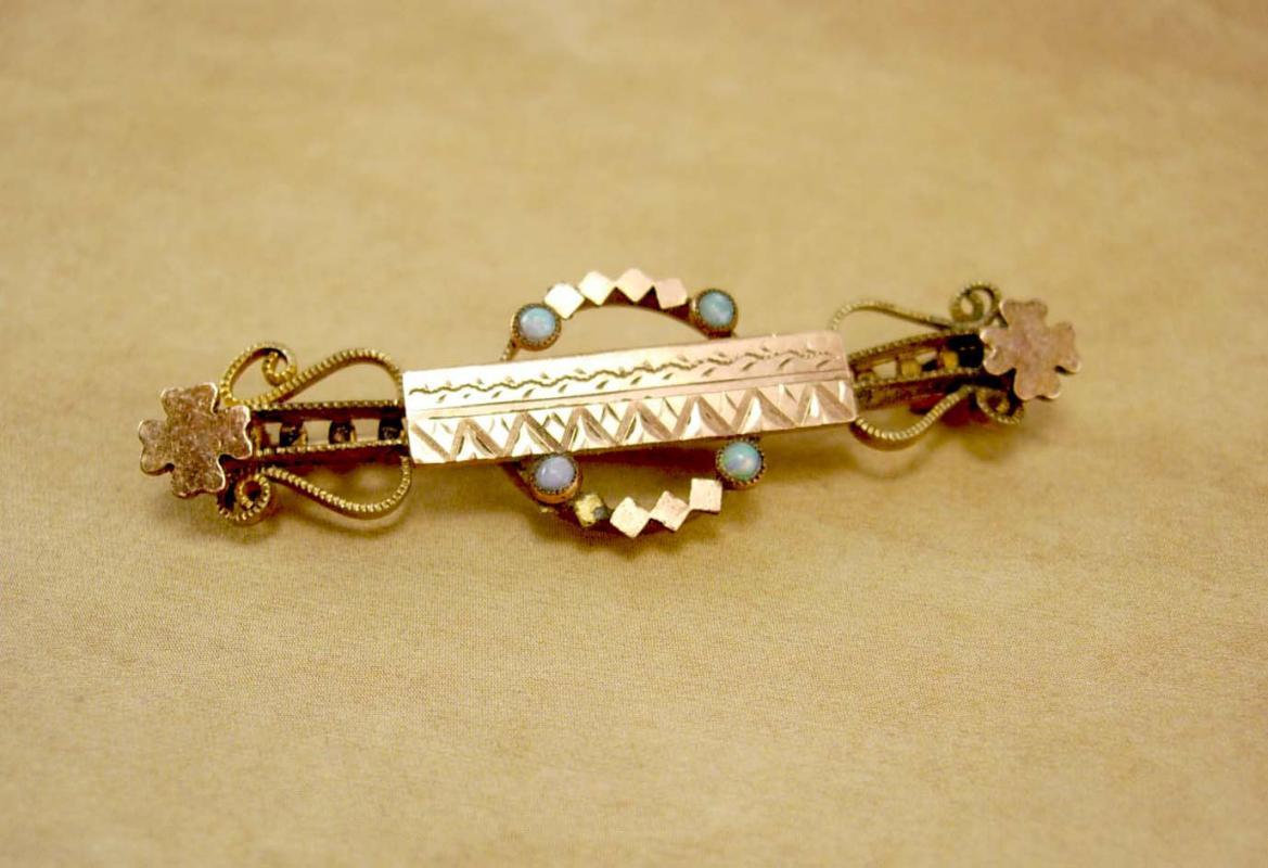 Antique Victorian Opal rose gold filled brooch Four leaf clovers for luck