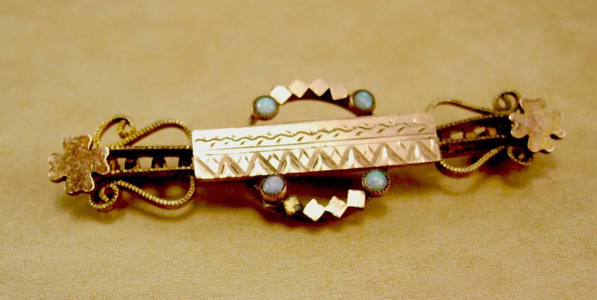 Antique Victorian Opal rose gold filled brooch Four leaf clovers for luck