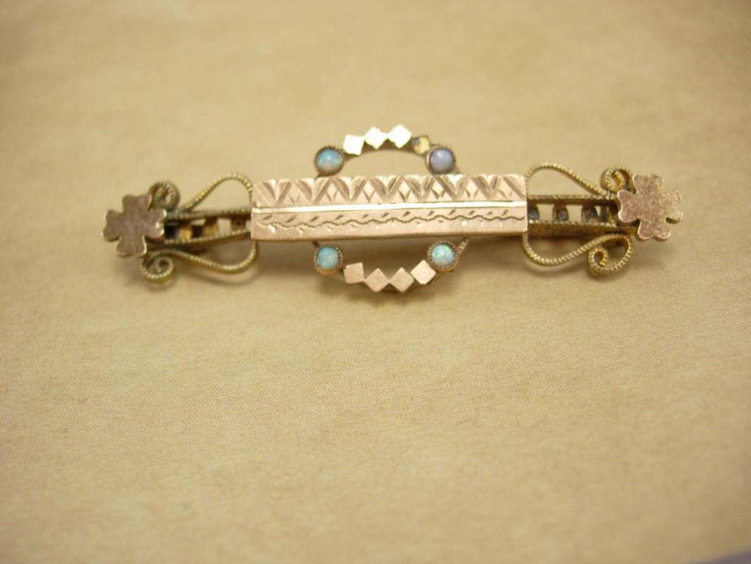Antique Victorian Opal rose gold filled brooch Four leaf clovers for luck