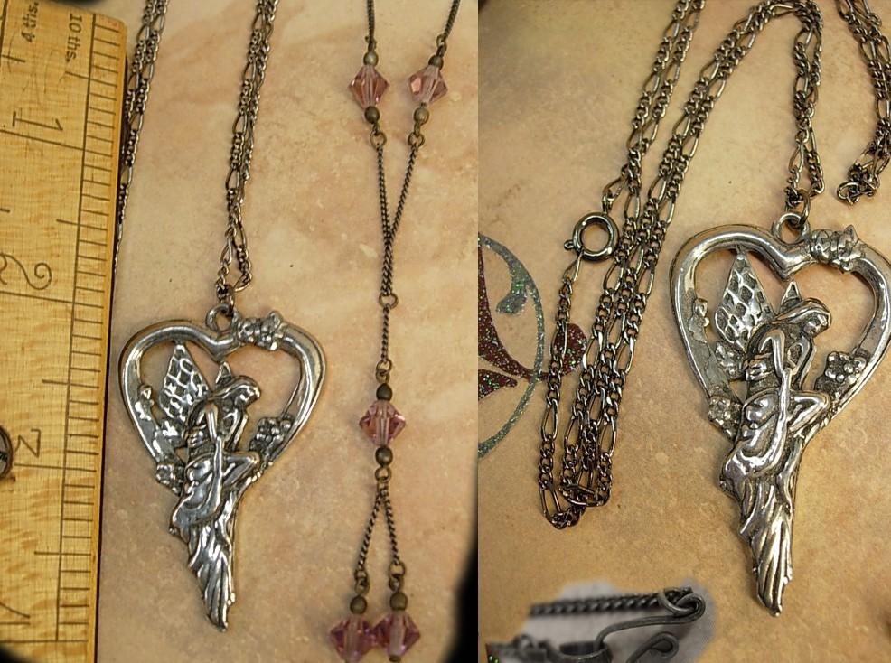 Sterling HEart Goddess necklace and deco tassel chandelier choker fairy wings