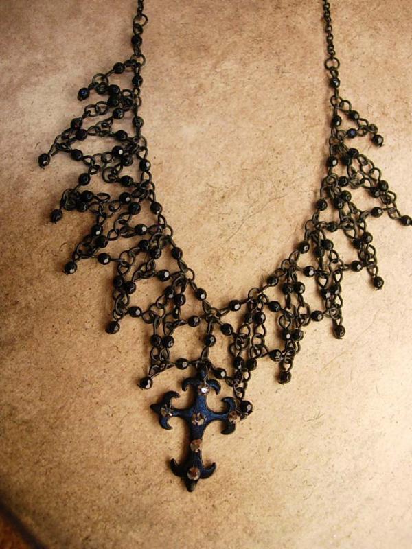 Goth Black Spider web Cross choker marcasite cross necklace
