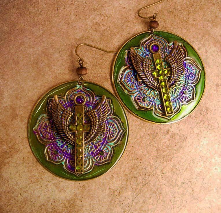 Gothic Angel Wings Cross earrings Iridescent olivine rhinestone Bohemian Colors