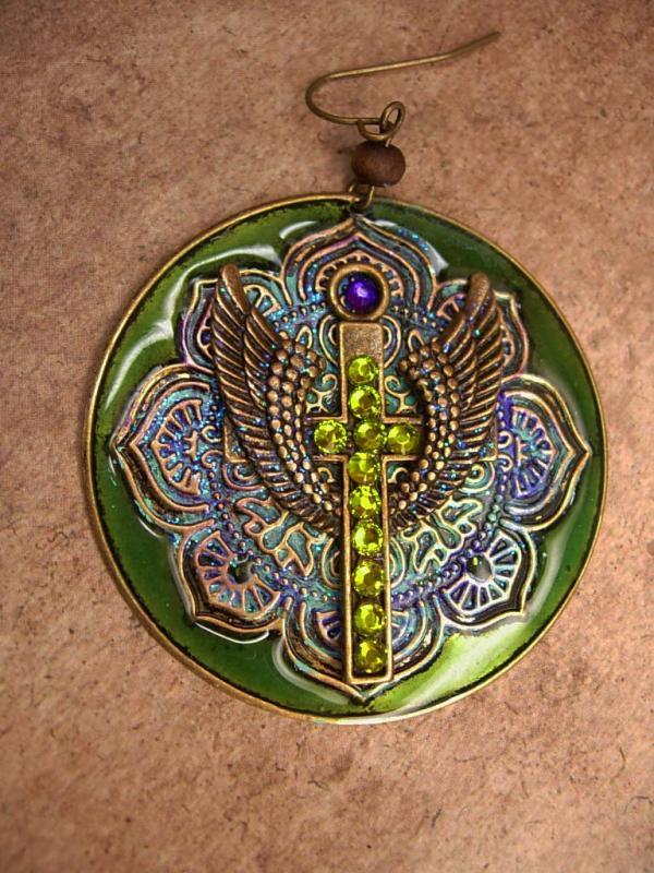 Gothic Angel Wings Cross earrings Iridescent olivine rhinestone Bohemian Colors