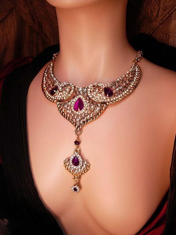 Exotic statement necklace 500 rhinestone Bib collar Chandelier earrings Fit for a Queen purple drops