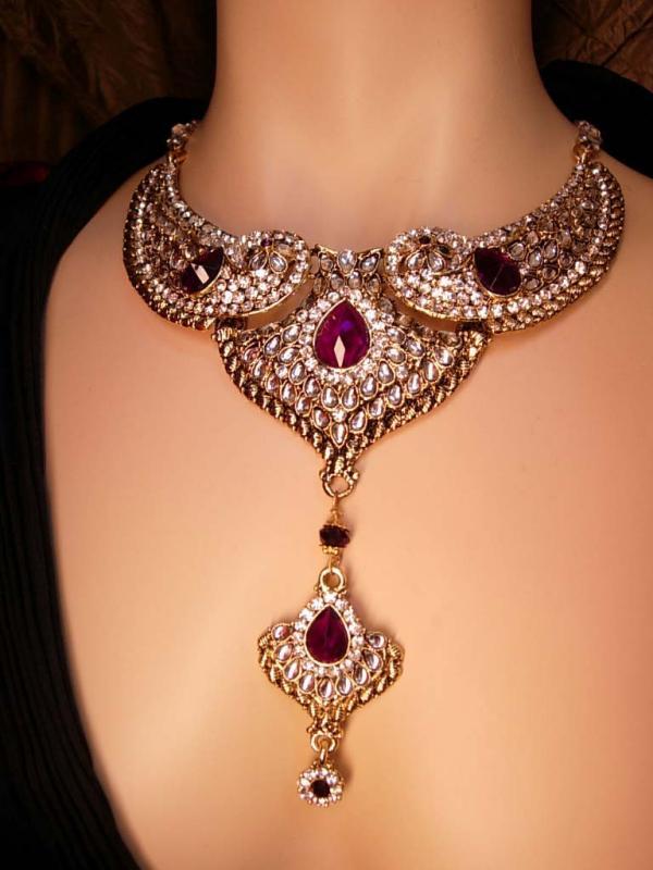 Exotic statement necklace 500 rhinestone Bib collar Chandelier earrings Fit for a Queen purple drops