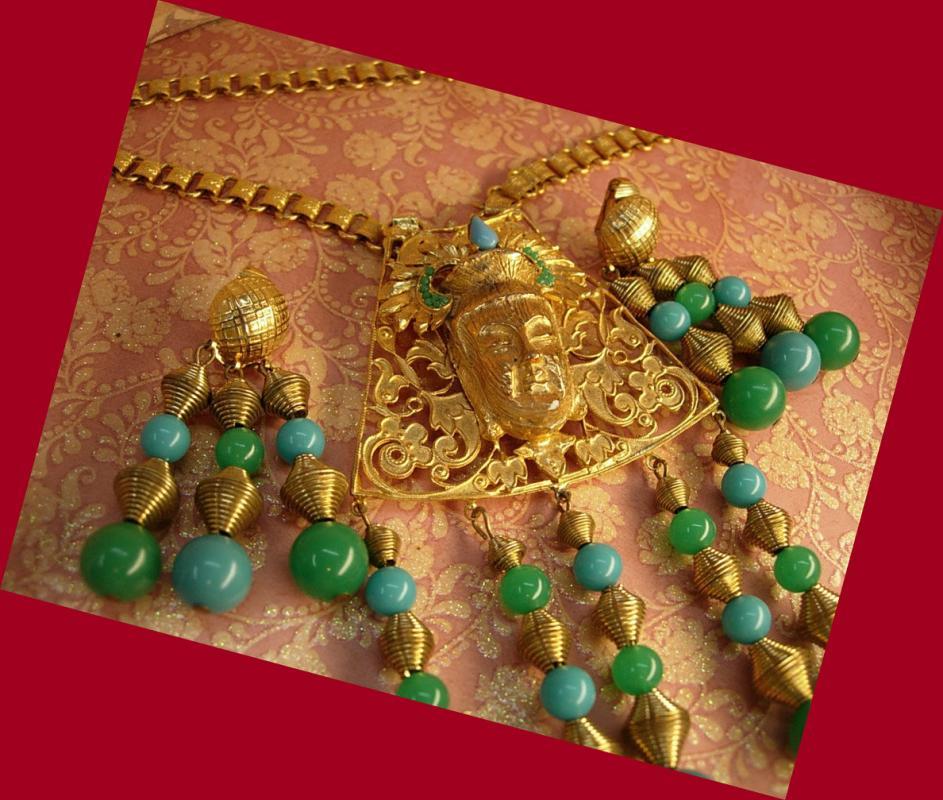 Hattie Carnegie Chinese figural signed bookchain buddha necklace and earrings Chandelier beads in turquoise